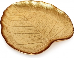 Üveg levél alakú szervírozó tányér, arany, 18 × 16 cm