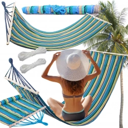 Kerti függőágy fa merevítéssel, 200 × 80 cm, csíkos, teherbírás 150 kg