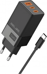 65 W-os GaN hálózati töltő 2× USB‑C + USB‑A USB‑C kábellel – fekete