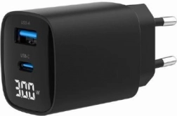 30 W-os GaN gyorstöltő USB‑C és USB‑A csatlakozóval, LCD kijelző, fekete