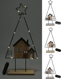 Karácsonyi dekoráció – fa házikóval és LED világítással, 39 cm
