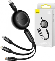 Baseus Bright Mirror 4 kihúzható 3 az 1-ben USB‑C / Lightning / Micro USB kábel, 100 W, 1,1 m, fekete