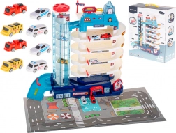 Többszintes autóparkoló elektromos lifttel, 5 szint + játékszőnyeg és 8 autó