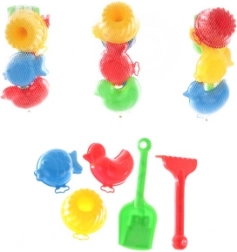 Homokozó készlet lapáttal, gereblyével és formákkal