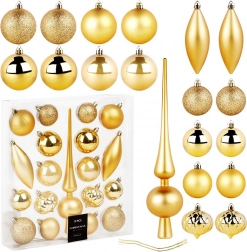 Arany, törhetetlen karácsonyi díszek csúccsal, 19 db
