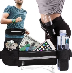 Futó övtáska palacktartóval, fényvisszaverő szalaggal és fülhallgató-kivezetéssel – fekete