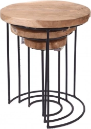 Kerek fém dohányzóasztalok teakfából – 3 darabos szett