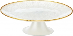 Fehér, arany szegélyű üvegtortatál talppal, 21 cm