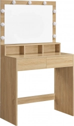 Nagy kozmetikai fésülködőasztal LED világítással, tükörrel és fiókokkal, Sonoma tölgy dekorációval