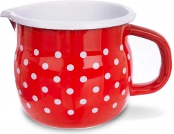 Zománcozott kiöntőcsőrös bögre, piros fehér pöttyökkel, 800 ml