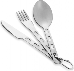 Rozsdamentes acél túra evőeszköz karabinerrel, 3 részes