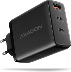 AXAGON GaN 100 W hálózati töltő, 3 porttal (USB‑A + kettős USB‑C), fekete