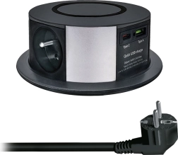 Solight kihúzható dugaljblokk 3 aljzattal, USB-A/USB-C PD 20 W-tal és Qi 10 W-os vezeték nélküli töltéssel, 2 m, fekete
