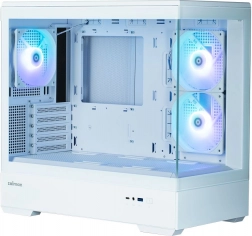 MicroATX mini torony számítógépház panorámás üveggel és 3 ARGB ventilátorral – fehér