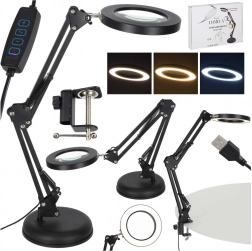 Asztali LED lámpa nagyítóval és állítható karral, 2 rögzítési lehetőség