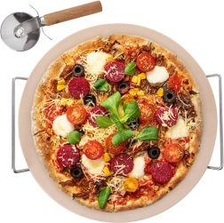 Samott pizza kő állvánnyal és pizzavágóval, 3 részes készlet