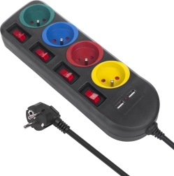 Dugaszos elosztó kapcsolókkal, 4 aljzat + 2xUSB fekete