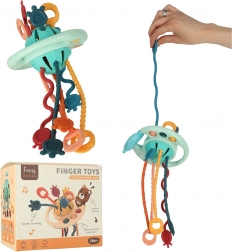 Montessori szenzoros csörgő és rágóka zsinórokkal és gombokkal babáknak