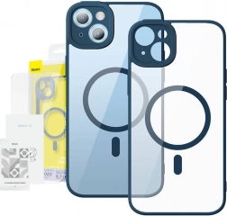 Átlátszó mágneses tok és edzett üveg Baseus iPhone 14 Plus kék