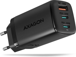 hálózati töltő AXAGON GaN 65W, 3 port (USB-A + 2× USB-C), PD 3.0/QC 4+, PPS, fekete