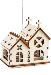 Fából készült dupla templomka akasztóval és LED-gyertyával