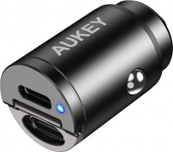 AUKEY mini alumínium autós töltő 2× USB‑C‑vel, Power Delivery és Quick Charge 3.0, 30 W, PPS