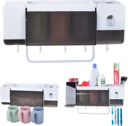 Fali fogkefe‑ és fogkrémtartó adagolóval, 3 pohárral, fehér