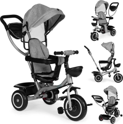 Gyerek tricikli babakocsi 2 az 1-ben, forgatható ülés és összecsukható napellenző, szürke ECOTOYS