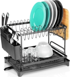 Fekete, kétszintes fém edényszárító 42 × 29 × 36,5 cm