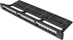 patch panel 24 portos 1U 19" fekete keystone modulokhoz, kábelszervezővel
