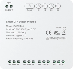 Zigbee 4 csatornás kapcsolómodul feszültségmentes érintkezővel AVATTO