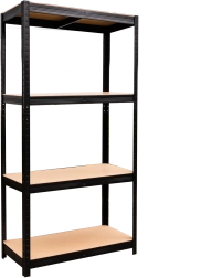 Fém polcrendszer, 4 szint, 150 × 70 × 30 cm, fekete, 150 kg teherbírás polconként