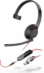 Egyoldalas POLY Blackwire 5210 USB‑C headset 3,5 mm-es csatlakozóval és USB‑C/USB‑A adapterrel