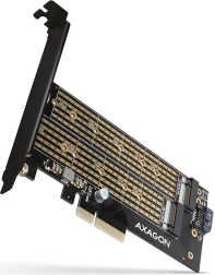 Belső PCIe x4 adapter 2× M.2 – NVMe M‑kulcs + SATA B‑kulcs, normál és alacsony profilú takarólemez