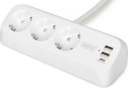 Asztali hosszabbító túlfeszültségvédős elosztó csipesszel, 3 schuko aljzat, 2× usb‑a 12 w, 1× usb‑c 30 w, 1,5 m kábel, fehér
