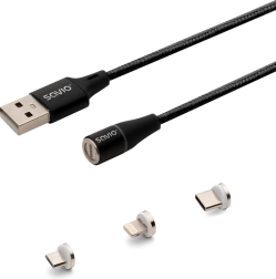 Mágneses USB kábel Savio 3v1 típus C, Micro és Lightning, fekete, 1m