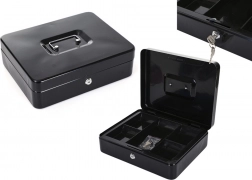 Kéttrétegű fém pénzkazetta rekeszekkel és két kulccsal, fekete