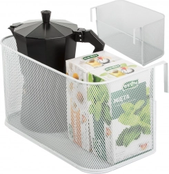 Fém akasztós kosár dróthálóból sínre és ajtóra – fehér rendszerező