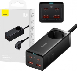 Baseus GaN3 Pro tápcsík és töltő 100 W, 2× USB‑C + 2× USB + AC (fekete)