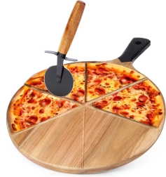 Fa pizza vágódeszka szeletelővel, 30 cm, kétoldalas, 2 darabos szett