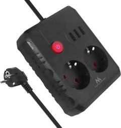Túlfeszültség-védett hosszabbító 2 aljzattal és 3× USB, 2500 W, 3 m, fekete