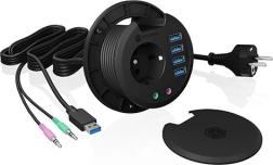 ICY BOX asztali hub 80 mm-es furatba, 4× USB 3.0-val, audióval és 230 V-os aljzattal