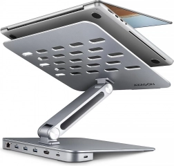 Axagon HMC-STND alumínium 7 az 1-ben USB‑C hub állvánnyal 10–16" laptopokhoz, HDMI 4K/60 Hz, 3x USB‑A, GLAN, PD 100 W, 60 cm kábel