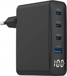 Univerzális GaN Töltő 100W 1xUSB-A 3xUSB-C Gyors Töltés LCD fekete