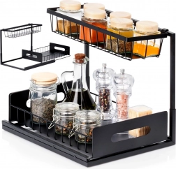 Kétszintes konyhai polc kihúzható fiókkal, fém, fekete 36 × 27 × 28,5 cm