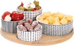 Porcelán tálkák falatokhoz bambusz tálcán, 5 részes készlet