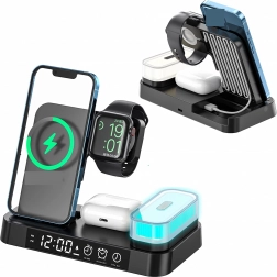 Vezeték nélküli 4 az 1-ben töltőállomás órával és éjjeli lámpával, 15 W Qi-hez, iPhone-hoz, Apple Watchhoz és AirPodshoz
