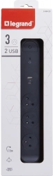 túlfeszültség-védett hosszabbító elosztó 3 aljzattal, USB A/C-vel, 1,5 m, fekete