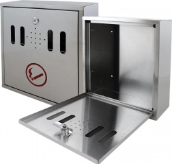 Kültéri, falra szerelhető rozsdamentes acél csikkgyűjtő szekrény zárral, ezüst