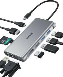 Alumínium USB‑C 10 az 1-ben hub Ethernettel, 4K HDMI-vel, VGA-val, kártyaolvasóval és 100 W PD-vel AUKEY